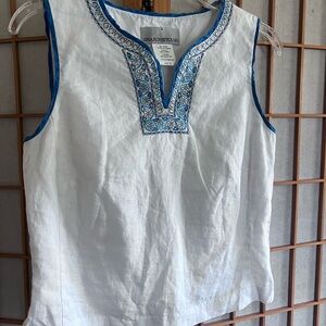 Sharon Young White Tank Top with Blue Embroidery